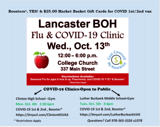 Lancaster BOH Flu & COVID-19 Clinic Wed., Oct. 13th 12:00 - 6:00pm College Church 337 Main St.