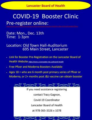 COVID-19  Booster Clinic Monday 12/13/2021 1-3pm